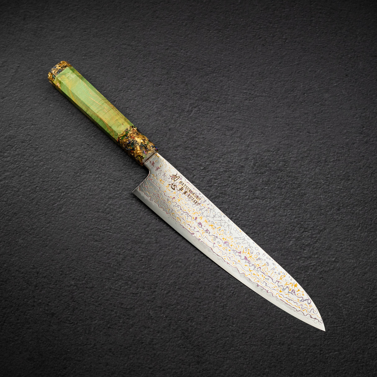 Hatsukokoro Kujaku V-Toku-2 Gyuto 210mm Rainbow Damascus Finish Green