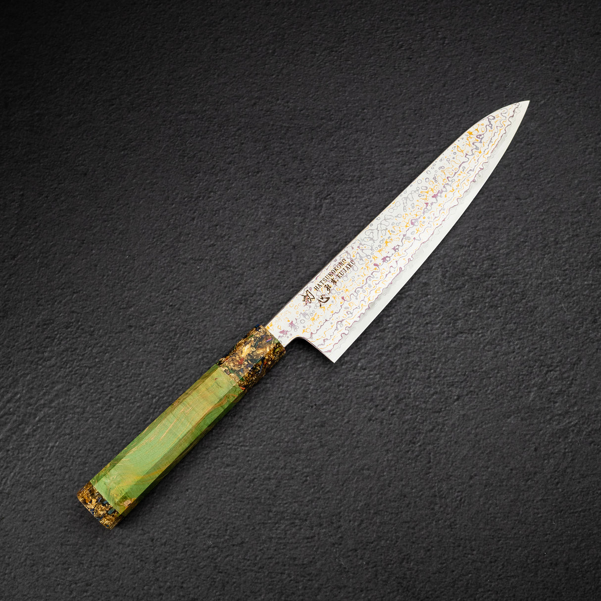 Hatsukokoro Kujaku V-Toku-2 Gyuto 210mm Rainbow Damascus Finish Green