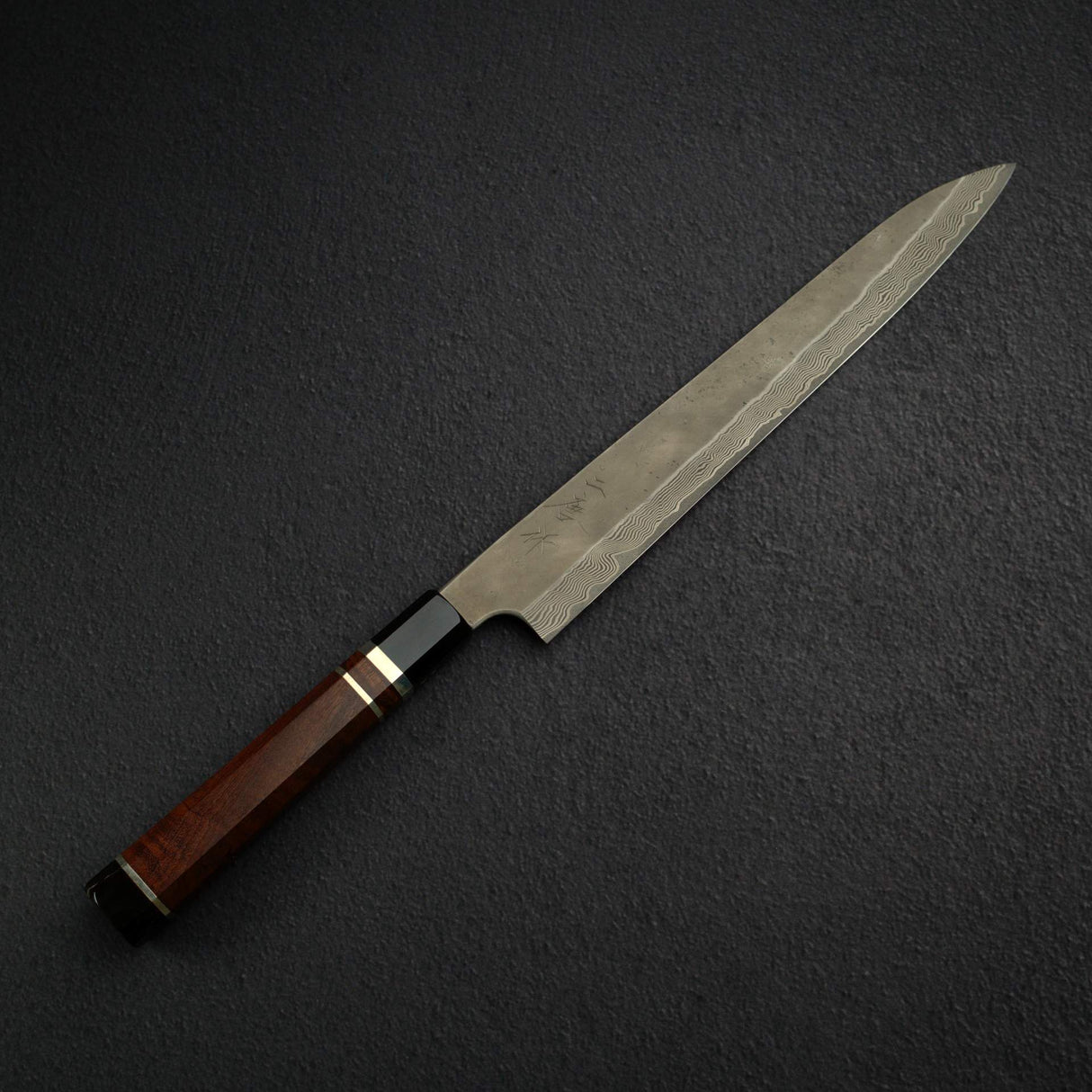 Nigara Ginsan Kurozome Damascus Sujihiki 300mm Triple Spacer Amboyna Handle w Saya