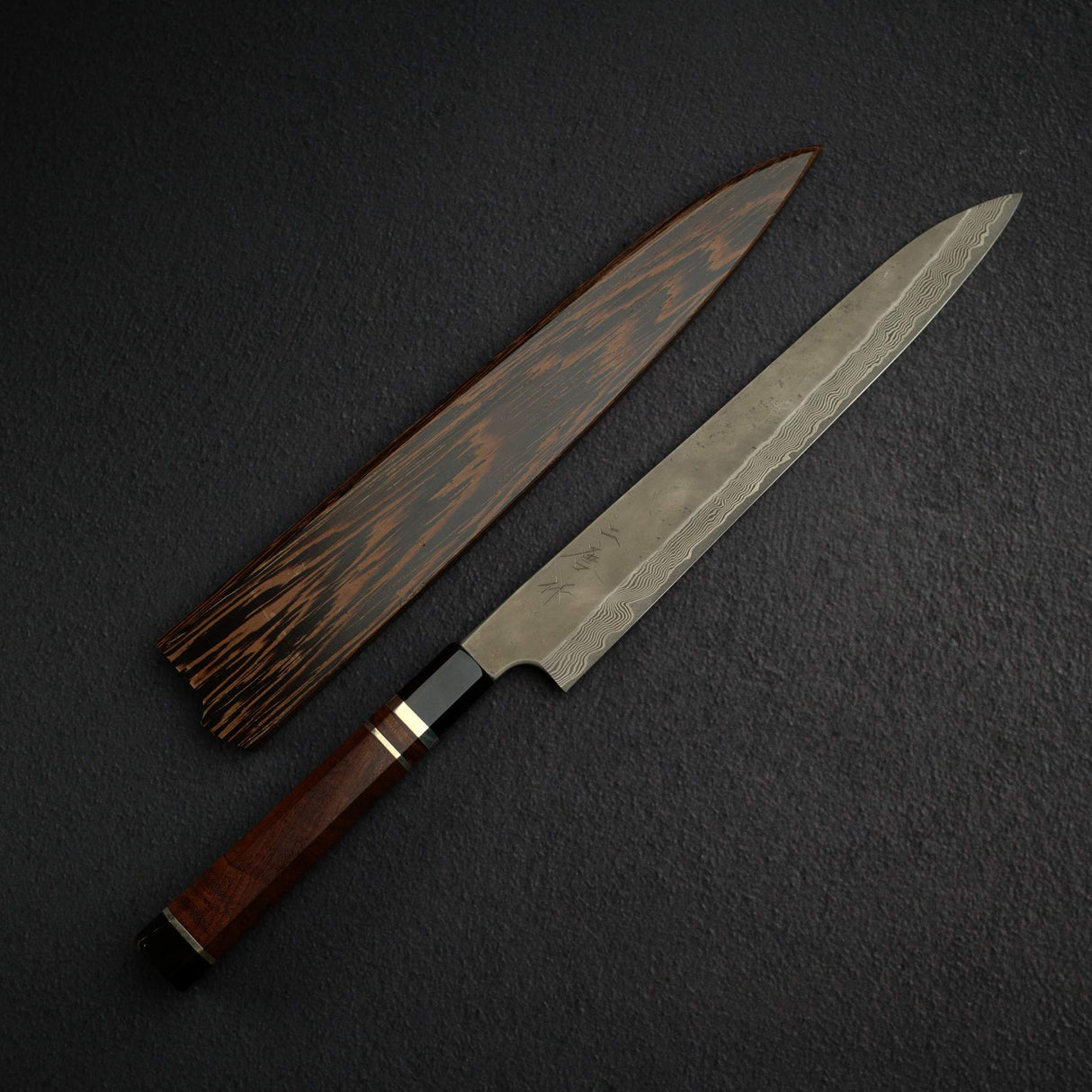 Nigara Ginsan Kurozome Damascus Sujihiki 300mm Triple Spacer Amboyna Handle w Saya