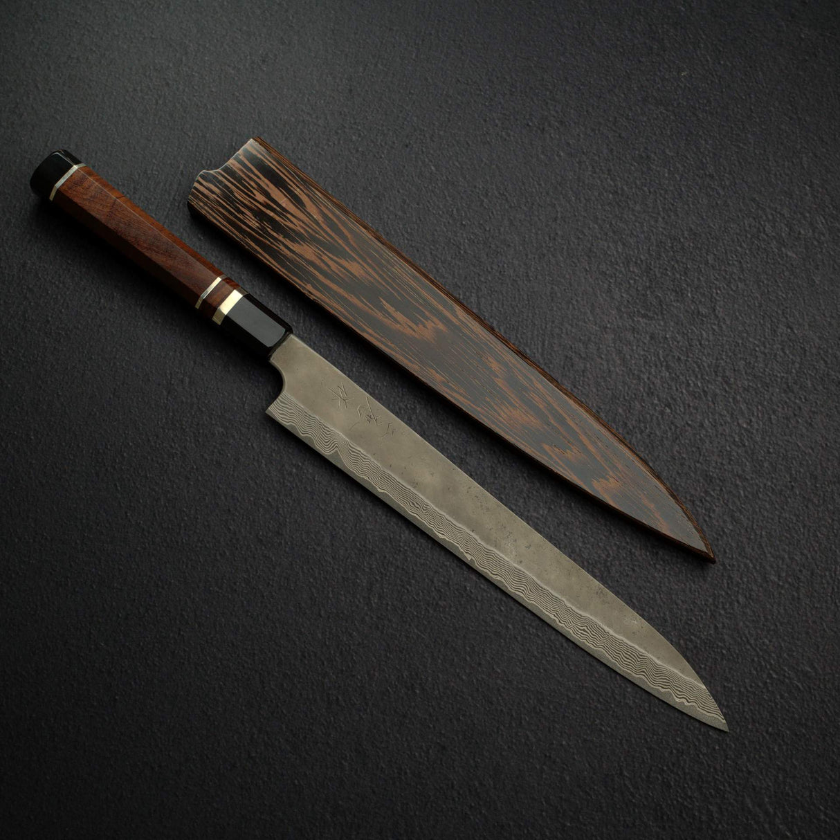 Nigara Ginsan Kurozome Damascus Sujihiki 300mm Triple Spacer Amboyna Handle w Saya