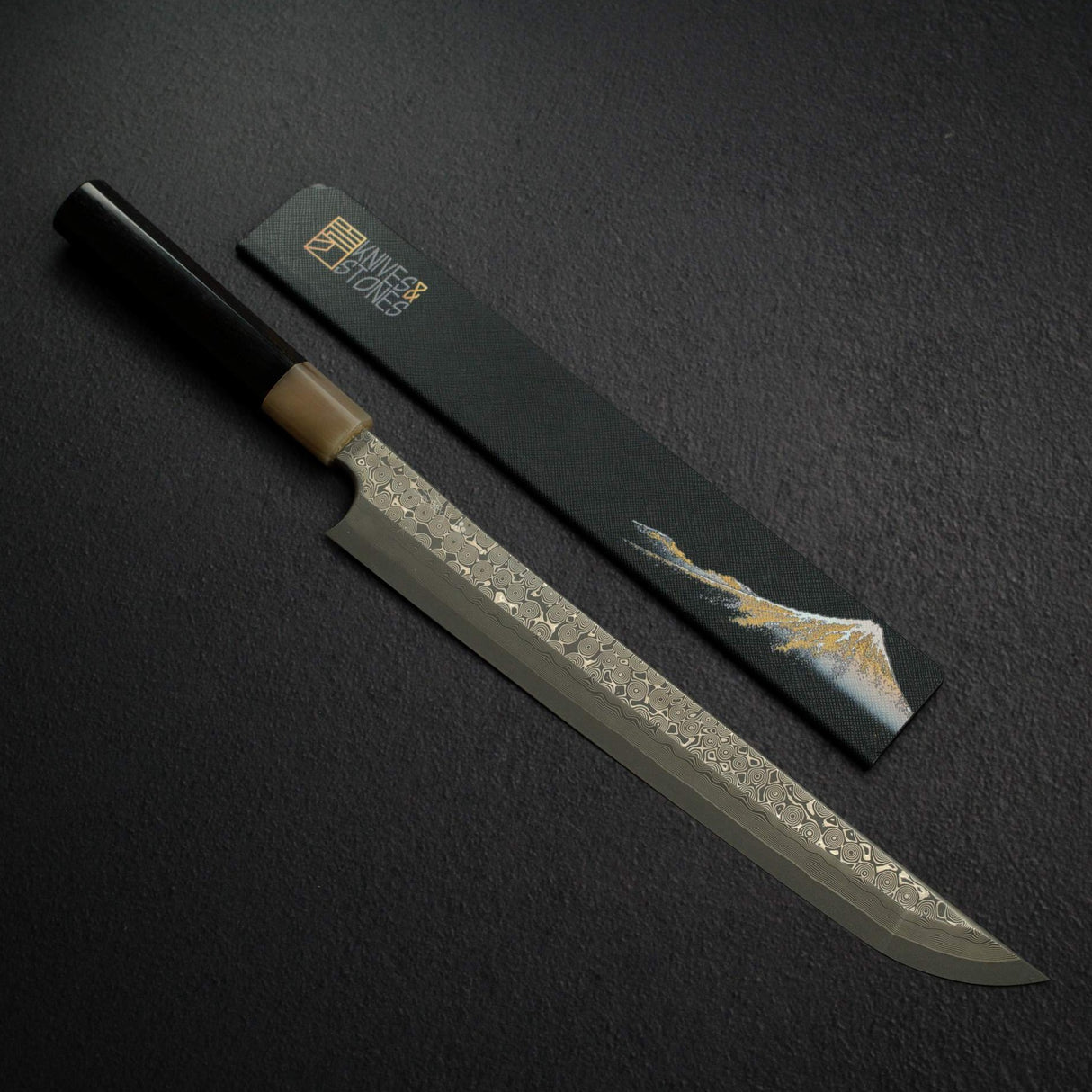 Nigara Anmon Ginsan Damascus Sakimaru Takobiki 300 mm with Heart Shape Handle