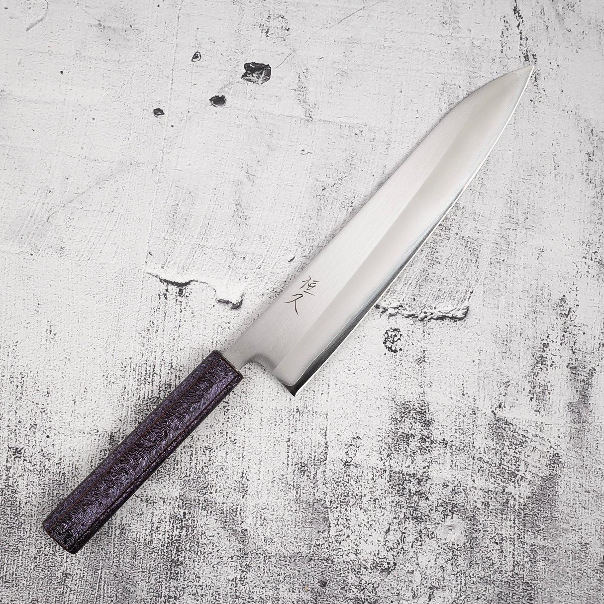 Tsunehisa White 1 S/S Clad Migaki Gyuto 240mm Purple Handle