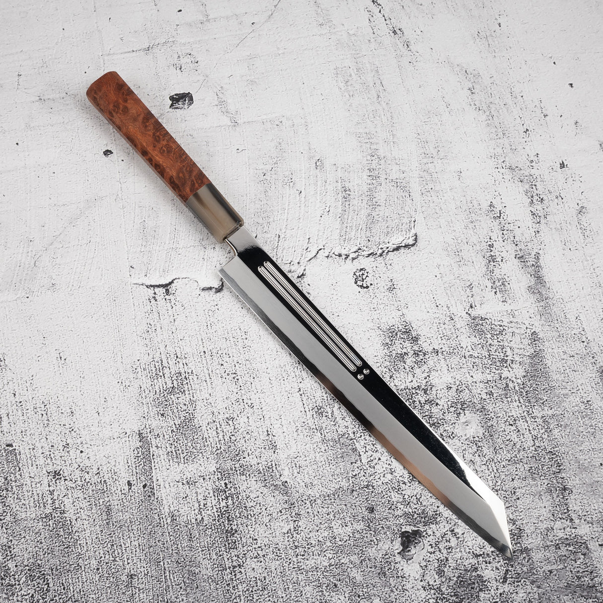 Yoshihiro Ginsan Double Fuller K-tip Yanagiba 270mm Amboyna with Saya