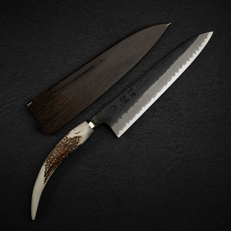 Hatsukokoro Shinkiro Aogami Super Gyuto 240mm Damascus Kurouchi Stag Handle