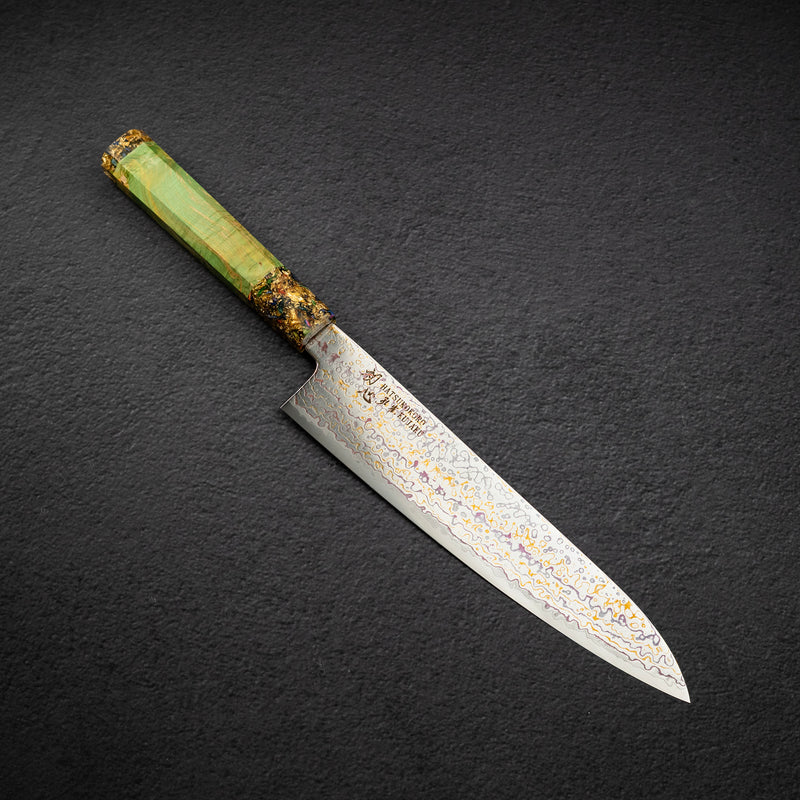 Hatsukokoro Kujaku V-Toku-2 Gyuto 210mm Rainbow Damascus Finish Green