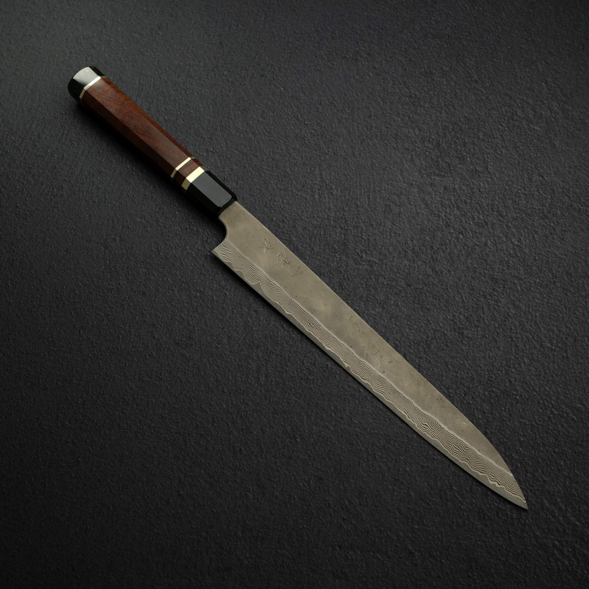 Nigara Ginsan Kurozome Damascus Sujihiki 300mm Triple Spacer Amboyna Handle w Saya