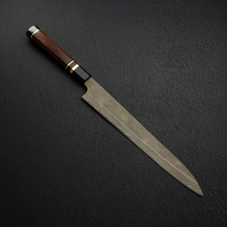 Nigara Ginsan Kurozome Damascus Sujihiki 300mm Triple Spacer Amboyna Handle w Saya
