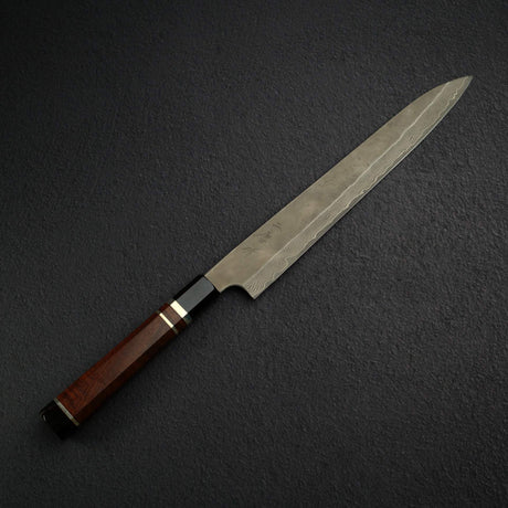 Nigara Ginsan Kurozome Damascus Sujihiki 300mm Triple Spacer Amboyna Handle w Saya