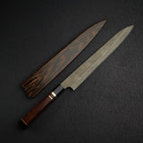 Nigara Ginsan Kurozome Damascus Sujihiki 300mm Triple Spacer Amboyna Handle w Saya