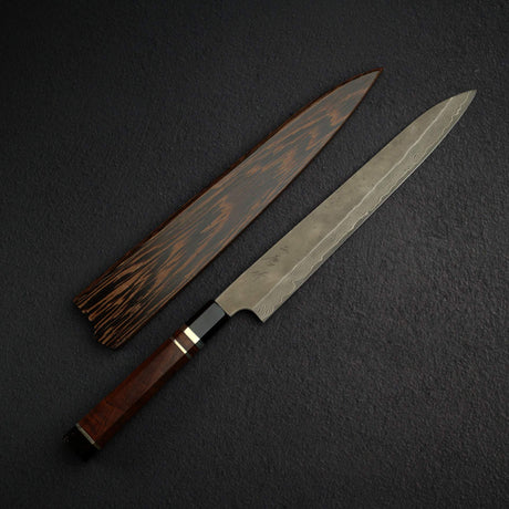 Nigara Ginsan Kurozome Damascus Sujihiki 300mm Triple Spacer Amboyna Handle w Saya