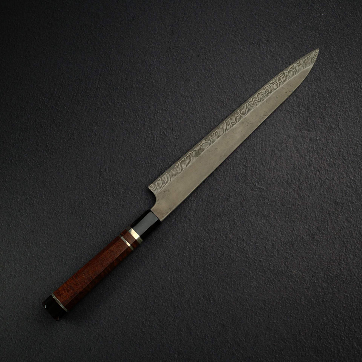 Nigara Ginsan Kurozome Damascus Sujihiki 300mm Triple Spacer Amboyna Handle w Saya