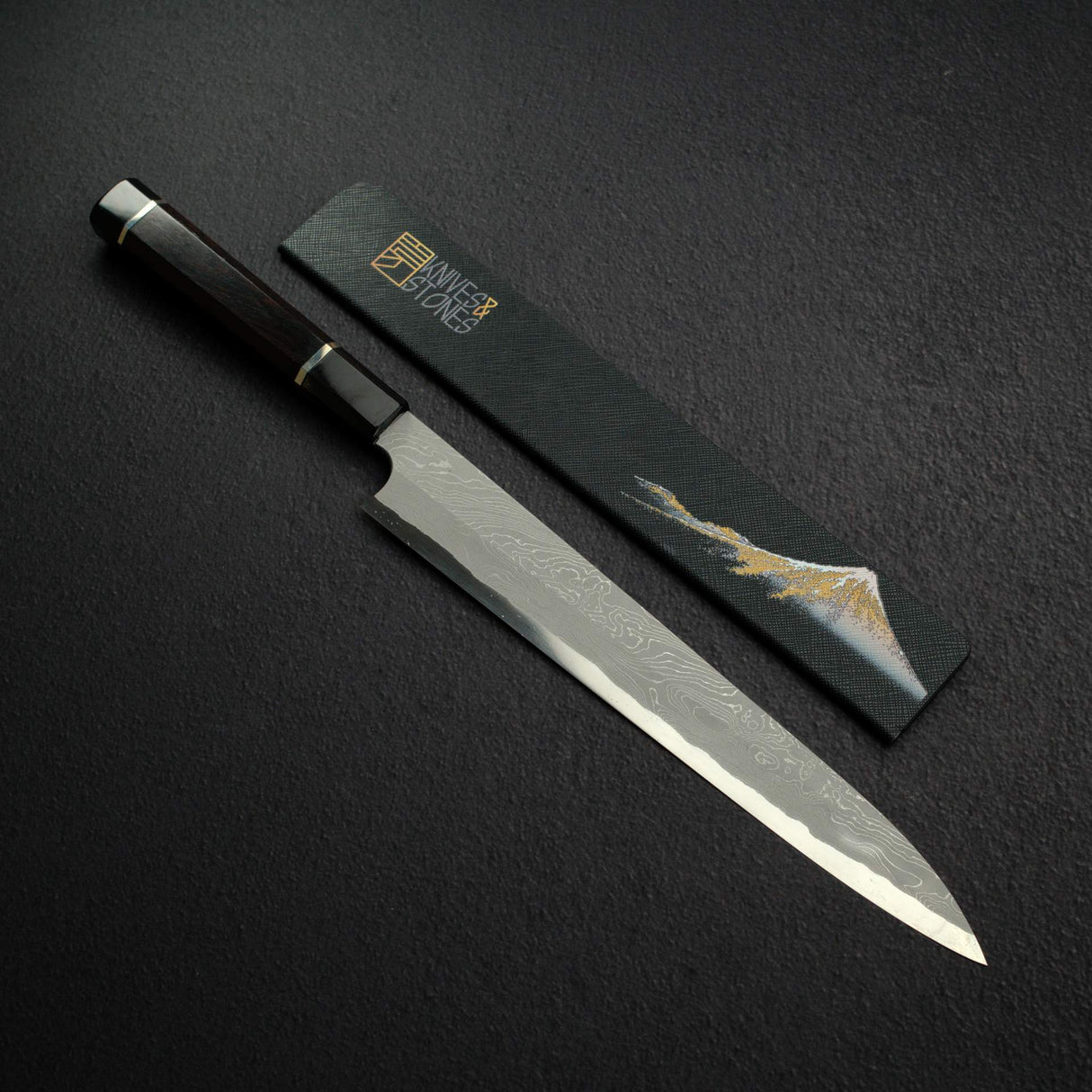 Nigara Anmon Blue 2 'Nejiri' Twist Bar Damascus Yanagiba 270mm