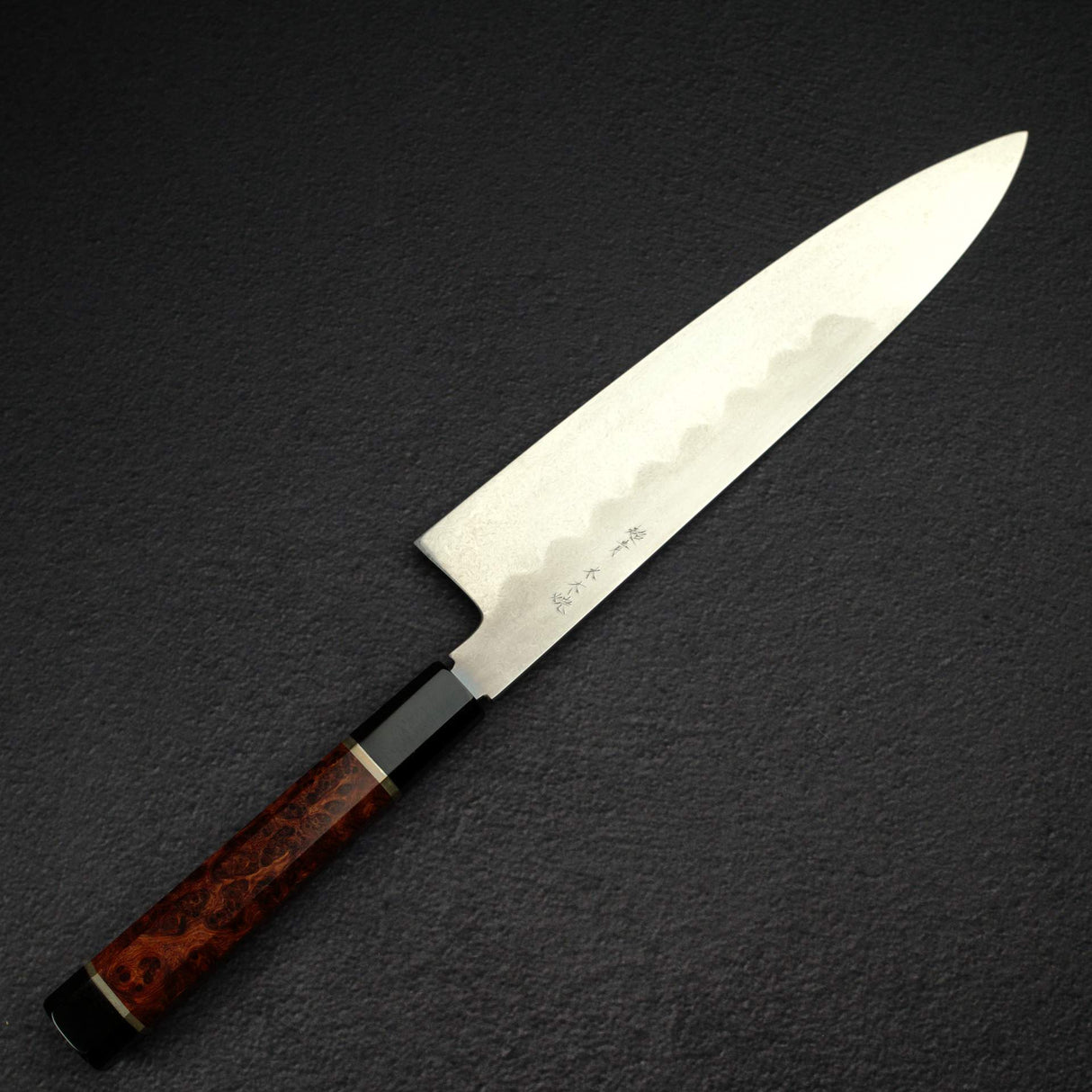 XINGUO Aogami Super Honyaki Gyuto 240mm Double Spacer Amboyna Burl Handle with Saya