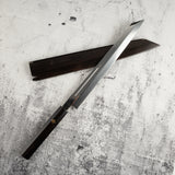 Exotic: Yoshikazu Ikeda Blue #1 Mizu-Honyaki K-tip Yanagiba 300mm with Blood Groove Ebony Set