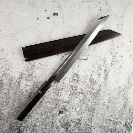 Exotic: Yoshikazu Ikeda Blue #1 Mizu-Honyaki K-tip Yanagiba 300mm with Blood Groove Ebony Set