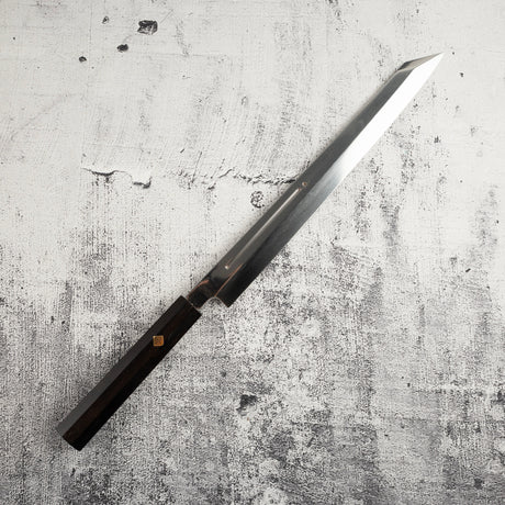 Exotic: Yoshikazu Ikeda Blue #1 Mizu-Honyaki K-tip Yanagiba 300mm with Blood Groove Ebony Set