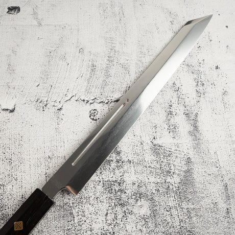Exotic: Yoshikazu Ikeda Blue #1 Mizu-Honyaki K-tip Yanagiba 300mm with Blood Groove Ebony Set