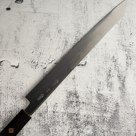 Exotic: Yoshikazu Ikeda Blue #1 Mizu-Honyaki K-tip Yanagiba 300mm with Blood Groove Ebony Set