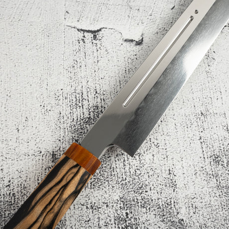 Exotic: Yoshikazu Ikeda Blue #1 Mizu-Honyaki Yanagiba 300mm with Blood Groove Black & White Ebony