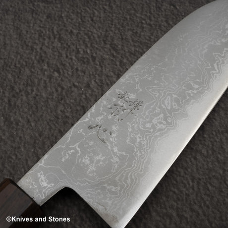 Hatsukokoro Blue 2 Damascus Migaki Santoku 180mm Ebony Handle
