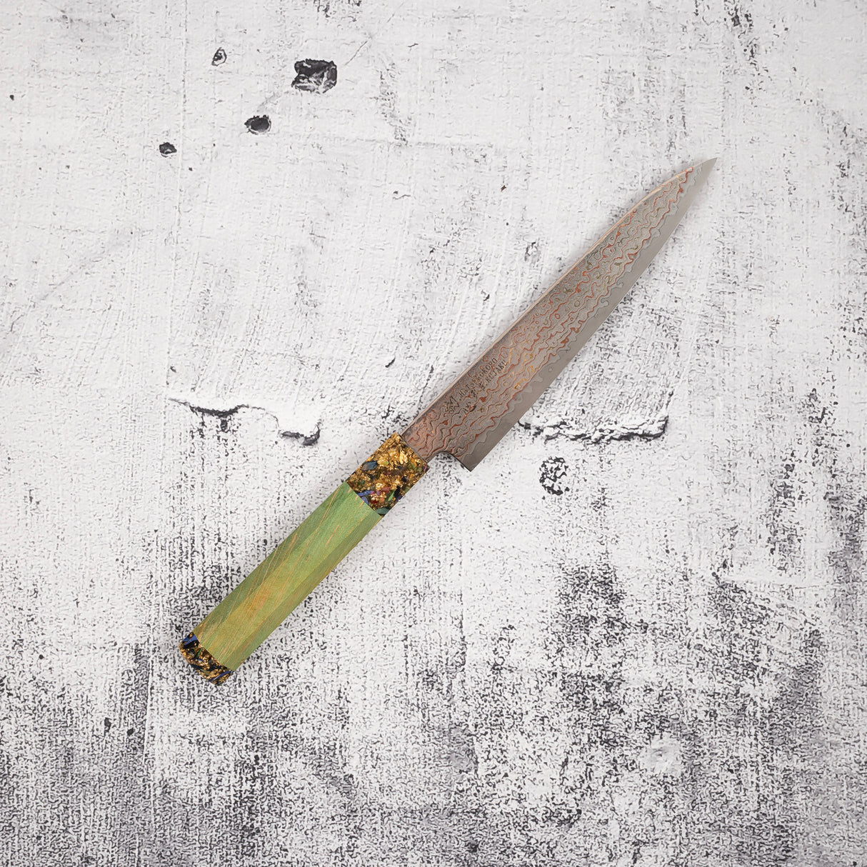Hatsukokoro Kujaku V-Toku-2 Petty 150mm Rainbow Damascus Finish Green