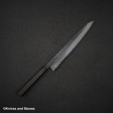 Hatsukokoro Kumokage Blue 2 Kurouchi Damascus K-tip Sujihiki 250mm Black Chacate Handle