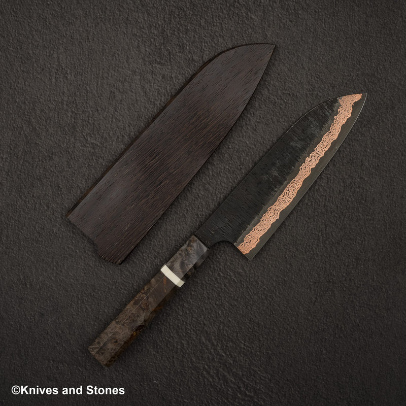 Hatsukokoro x Nigara Yorokobi SLD Copper Tsuchime Damascus Santoku 180mm with Saya