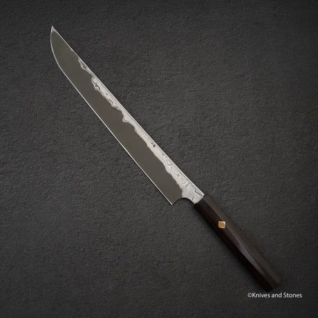 Nigara Anmon Kurozome Blue 2 Damascus Sakimaru Takobiki Yanagiba 300
