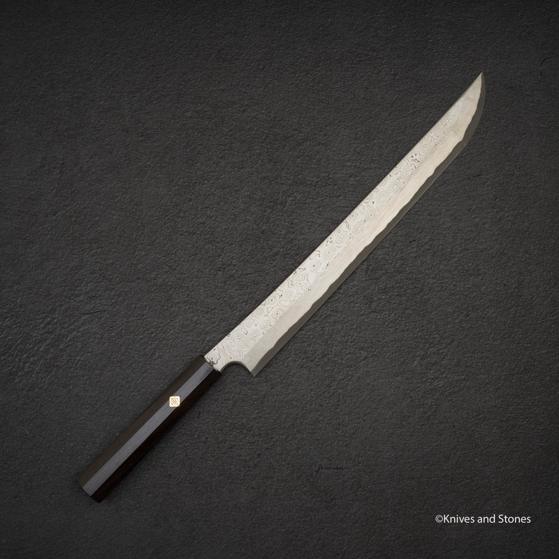 Nigara Anmon Kurozome Blue 2 Damascus Sakimaru Takobiki Yanagiba 330mm