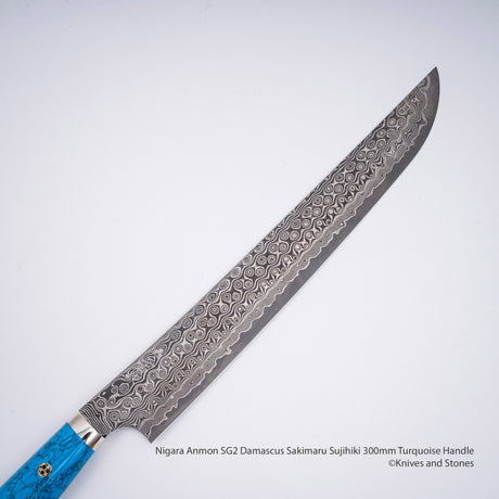 Nigara Anmon SG2 Damascus Sakimaru Sujihiki 300mm Turquoise Handle SP1