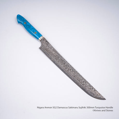 Nigara Anmon SG2 Damascus Sakimaru Sujihiki 300mm Turquoise Handle SP1