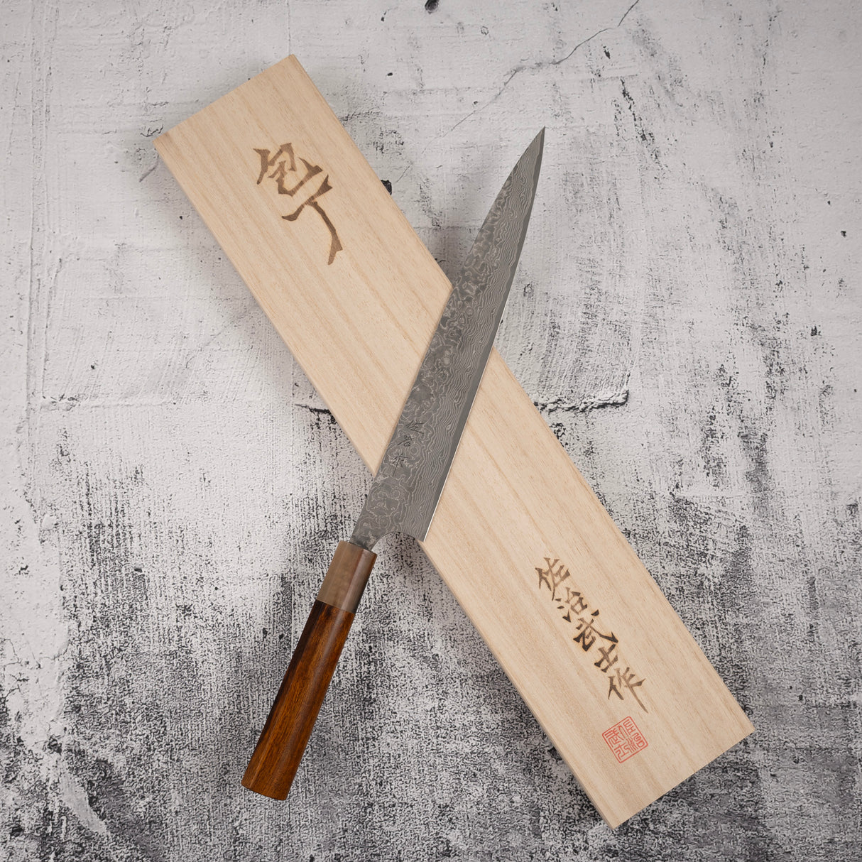 사지 타케시 SG2 블랙 다마스커스 스지히키 240mm 하트형 아이언우드 핸들