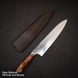 Yoshimi Kato SG2 Minamo Gyuto 210mm Amboyna Burl Western, Shikakkei Tsuchime